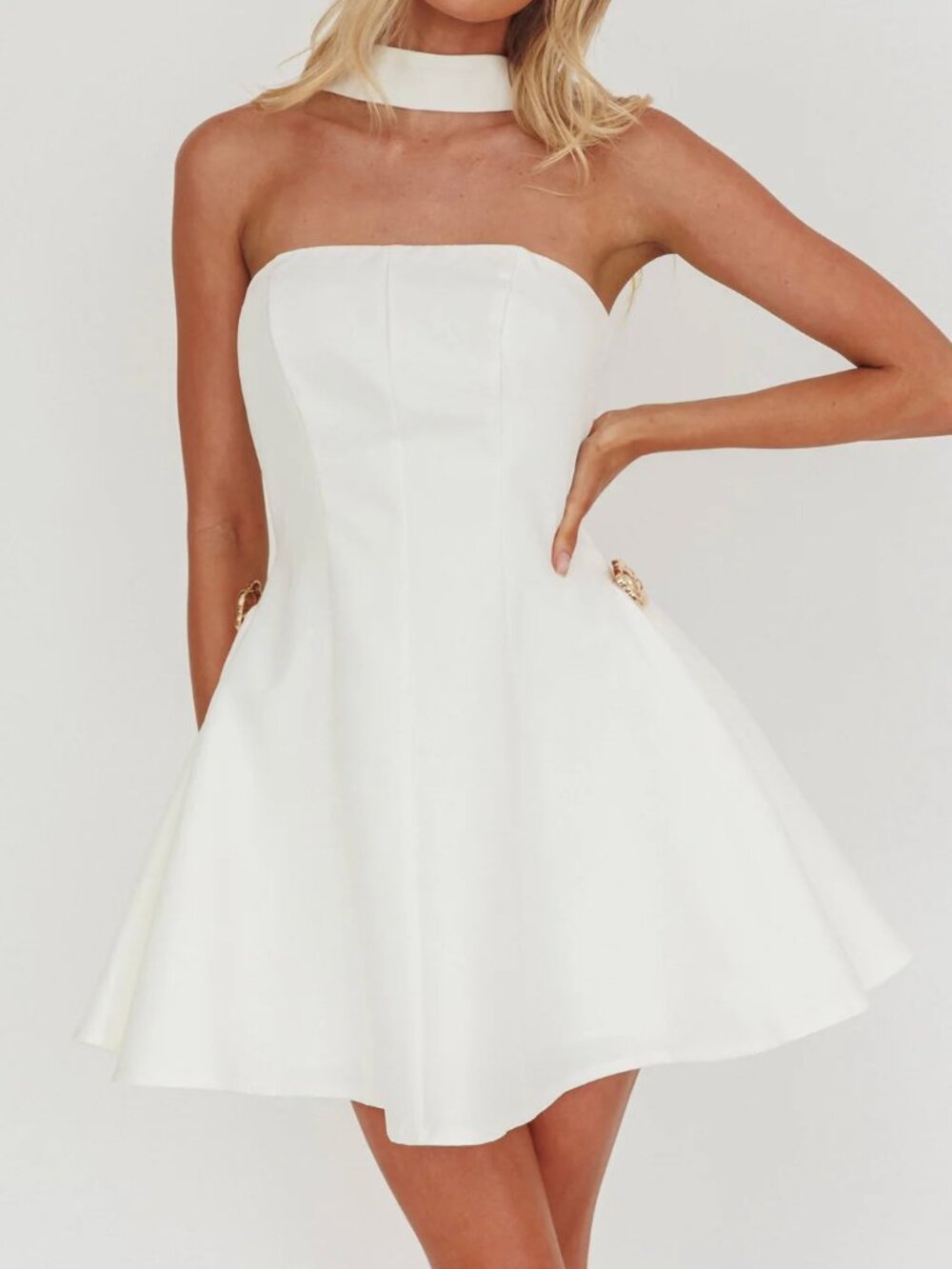 Saints and Secrets White Strapless Mini Dress with Gold Rose Buttons - XS